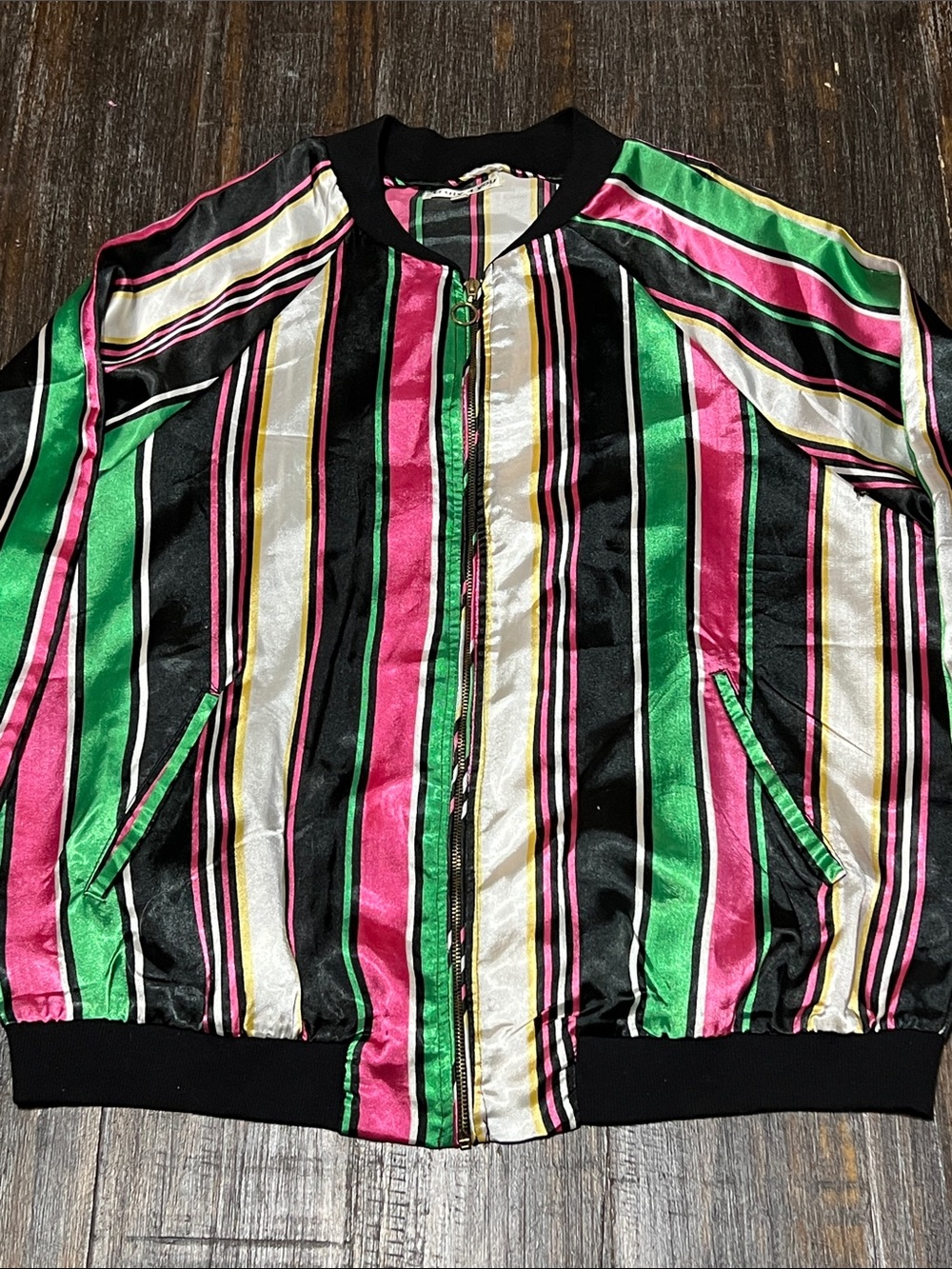 Striped Light Bomber Jacket - Pink, Green, Black & Cream
